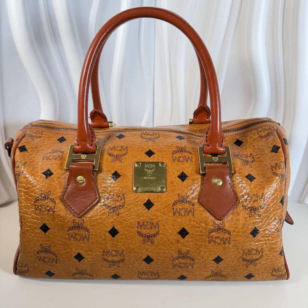 MCM Boston Bag in Signature Cognac Visetos Coated Canvas